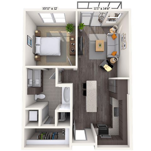 Floor plan for 1 bed, 1 bath, 728 sqft